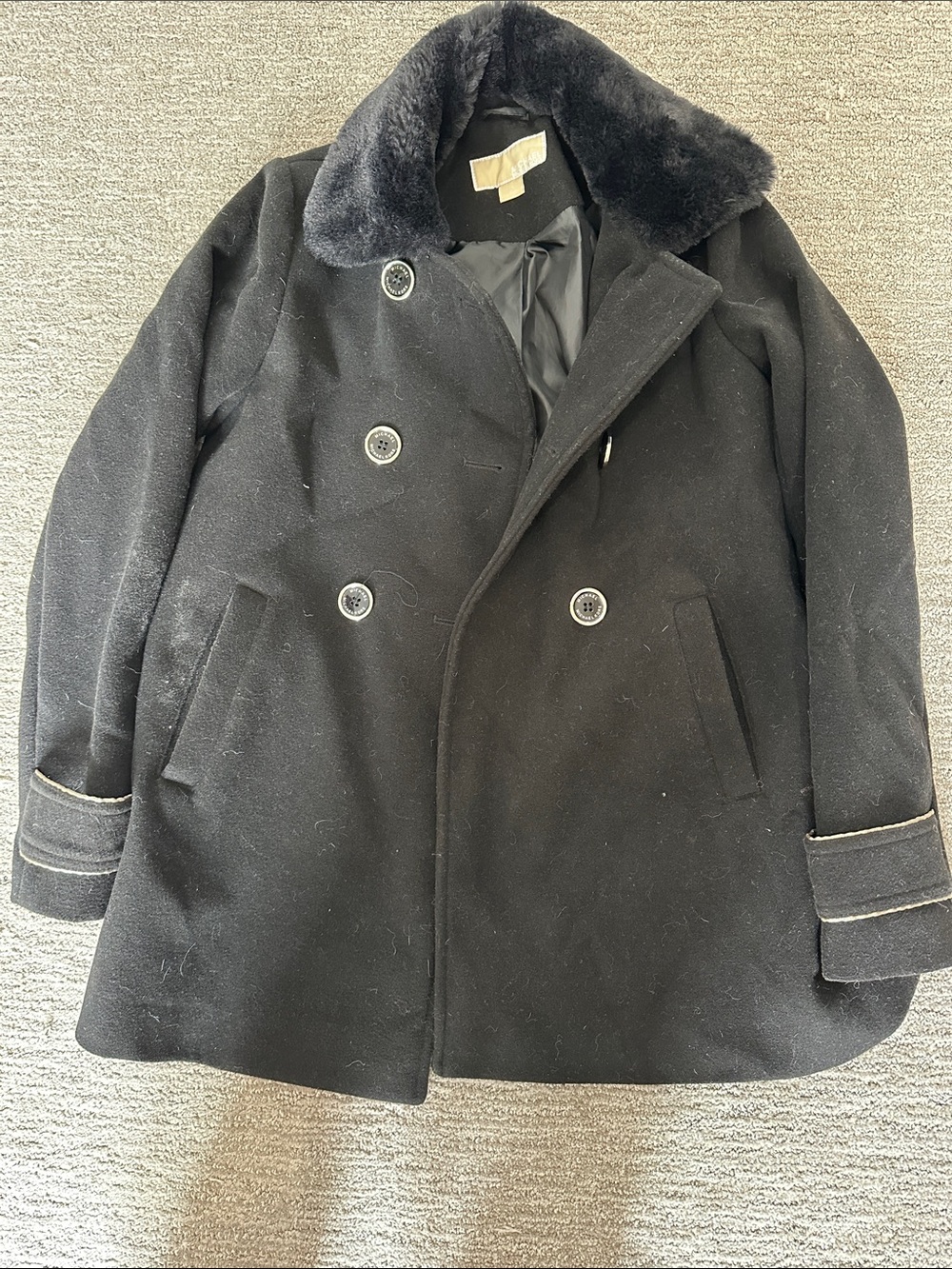 girls size 14 Black Double-Breasted Wool Coat with Faux Fur Collar